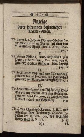 Anzeige derer hierinnen befindlichen Trauer-Reden.