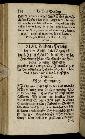XLVI. Frau Magdalenen Sibylla/ Hrn. Moritz Tham Marschalchs von Bieberstein gewesenen Ehegattin/