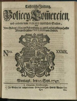 Nro. XXXIX, Montags, den 25. Sept. 1747
