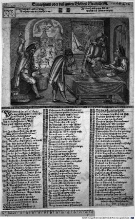 Epitaphium oder deß guten Geldes Grabschrifft : O du Geitzteuffel auff der Baan/ Was hebstu alls mit dem Geldt an/ Ist es noch nicht genug der zeit/ Unfrid und Widerwertigkeit
