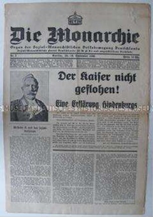 Monarchistische Wochenzeitung "Die Monarchie" mit einer Erklärung von Hindenburg zur Rolle des Kaisers in der Novemberrevolution