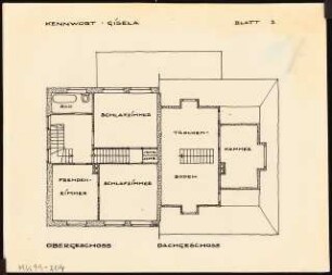 Zweifamilienhaus Monatskonkurrenz Februar 1930: (je ein halber) Grundriss Obergeschoss, Dachgeschoss