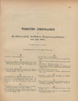Alphabetisches Inhaltsverzeichniß des Großherzoglich Hessischen Regierungsblattes vom Jahr 1884