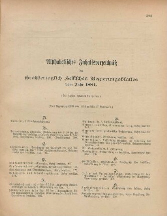 Alphabetisches Inhaltsverzeichniß des Großherzoglich Hessischen Regierungsblattes vom Jahr 1884