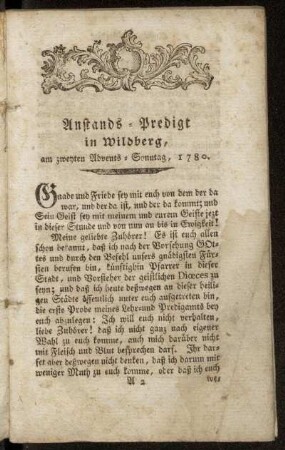 Anstands-Predigt in Wildberg, am zweyten Advents-Sonntag, 1780