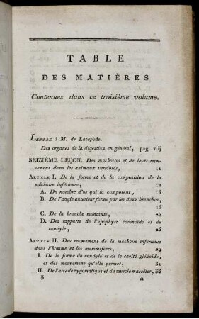 Table des Matiéres Contenues dans ce troisiéme volume.