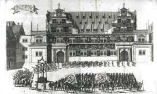 Stallhof des Dresdener Schlosses mit Vordergrundszene: Musterung der Garde (aus: Tzschimmer: Die durchlauchtigste Zusammenkunft ...)