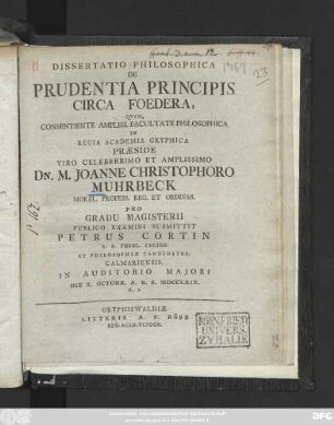 Dissertatio Philosophica De Prudentia Principis Circa Foedera