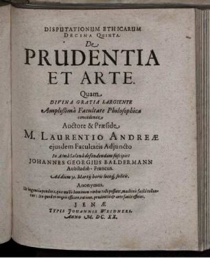 Disputationum Ethicarum Decima Quinta. De Prudentia Et Arte [...]