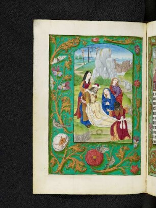 Vollbordürenseite mit Streumusterbordüre und Miniatur: Beweinung Christi (Vesper)