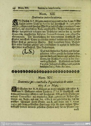 Num. XIII. Sententia interlocutoria