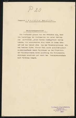 Umgestaltung der Straße Unter den Linden, Berlin: Erläuterungsbericht, 1 S.