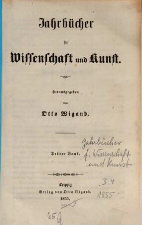 Jahrbücher für Wissenschaft und Kunst. 3. 1855