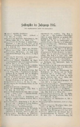 Sachregister des Jahrgangs 1885