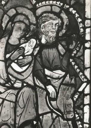 Erfurt. Barfüßerkirche. Chor. Farbige Glasfenster (nach der Restaurierung 1960). Südostfenster, Mittelbahn, Zeile 7: Flucht nach Ägypten. Ausschnitt: Joseph, Maria und Kind, Eselskopf (gotisch)