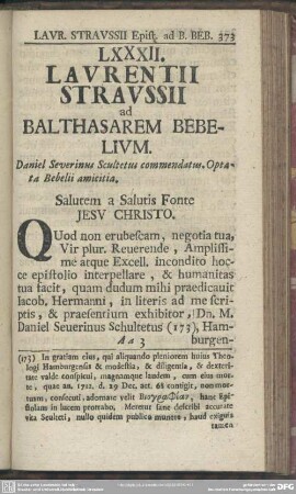 LXXXII. Laurentii Straussii ad Balthasarem Bebelium
