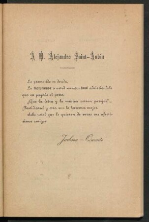 [Dedicatoria] A D. Alejandro Saint-Aubin