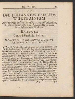 Ad Dn. Johannem Paulum Wurfbainium ... Epistola Conradi Bertholdi Behrens.