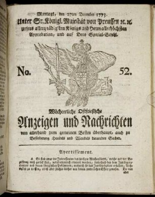 No. 52. Montags, den 27ten December 1773.