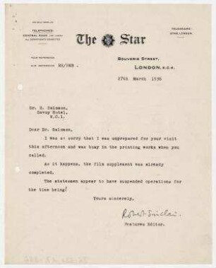 Brief von Robert Sinclair, The Star, London an Erich Salomon