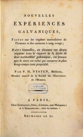 Nouvelles Expériences Galvaniques