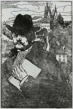Emil Orlik : Selbstbildnis, im Hintergrund der Hradschin