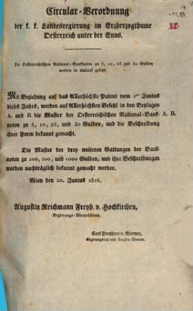 Circular-Verordnung der k. k. Landesregierung im Erzherzogthume Oesterreich unter der Ems : Die Oesterreichischen National-Banknoten zu 5, 10, 25 und 50 Gulden werden in Umlauf gesetzt ... Wien den 20. Junius 1816.