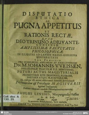 Disputatio Ethica De Pugna Appetitus Et Rationis Rectae