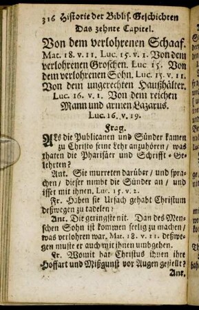 Das zehnte Capitel. von dem verlohrenen Schaaf. Mat. 18. v. 11. Luc. 15. v. 1. Von dem verlohrenen Groschen. Luc. 15. Von dem verlohrenen Sohn. Luc. 15. v. 11. Von dem ungerechten Haußhälter. Luc. 16. v. 1. Von dem reichen Mann und armen Lazarus. Luc. 16. v. 19.