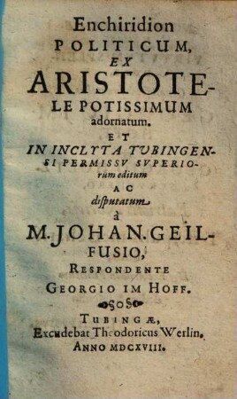 Enchiridion politicum : ex Aristotele potissimum adornatum