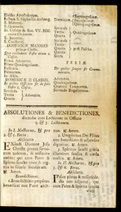 Absolutiones & Benedictiones, dicendae ante Lectiones in Officio 9. & 3. Lectionum