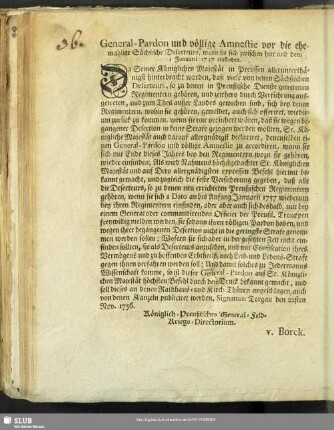 General-Pardon und völlige Amnestie vor die ehemahlige Sächsische Deserteurs, wenn sie sich zwischen hier und dem 1 Januarii 1757 einfinden