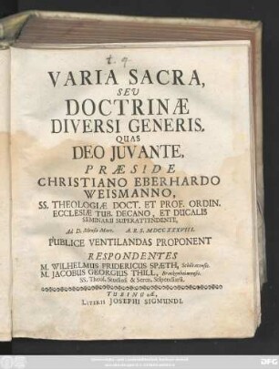 Varia Sacra, Sev Doctrinæ Diversi Generis