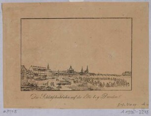 Stadtansicht von Dresden, Blick vom Ausschiffungsplatz am linken Elbfer nach Südwesten auf die Altstadt und die Augustusbrücke im Hintergrund, im Vordergrund Schlittschuhläufer auf der zugefrohrenen Elbe