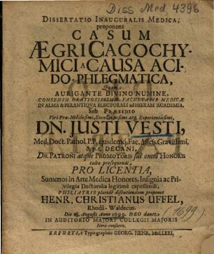 Dissertatio Inauguralis Medica, proponens Casum Aegri Cacochymici A Causa Acido-Phlegmatica