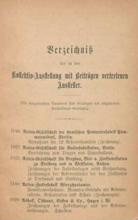 Verzeichniß der in der Kollektiv-Ausstellung mit Beiträgen vertretenen Aussteller