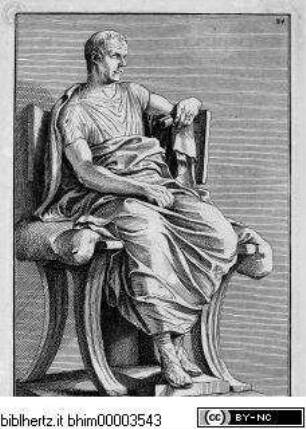 Philippo L. Baroni de Stosch antiquitatis amatori... Nürnberg 1732, Thronender Mann, in Toga gehüllt, in Dreiviertelansicht von links wiedergegeben