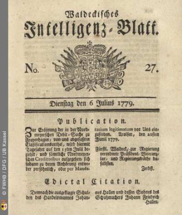 No. 27, Dienstag den 6 Julius 1779