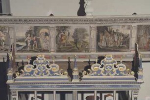Leubnitz-Neuostra, Kirche, Inneres, untere Empore, Teilansicht mit Aufsätzen des Nöthnitzer Betstübchens