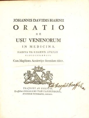 Johannis Davidis Hahnii oratio de usu venenorum in medicina : habita VII. Calend. Aprilis MDCCLXXIII