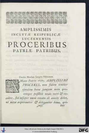 Amplissimis Inclytae Reipublicae Lucernensis Proceribus Patriae Patribus.