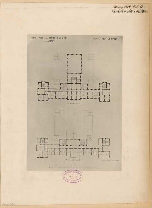 Kurhaus und Badeanlage, Hamm Monatskonkurrenz März 1882: Grundriss 1. und 2. Obergeschoss des Hauptflügels; Maßstabsleiste