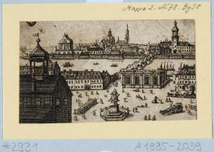 Ansicht von Dresden, Blick auf den Neustädter Markt und über die alte Augustusbrücke auf die Altstadt