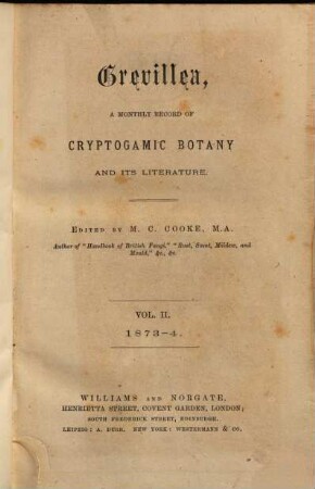 Grevillea : a monthly record of cryptogamic botany and its literature, 2. 1873/74