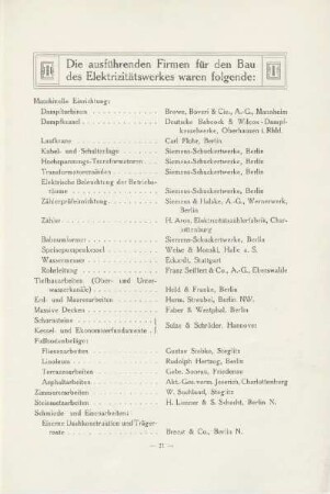 Die ausführenden Firmen für den Bau des Elektrizitätswerkes