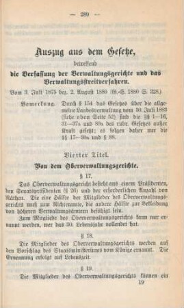 Auszug aus dem Gesetze, betreffend die Verfassung der Verwaltungsgerichte und das Verwaltungsstreitverfahren. Vom 3. Juli 1875 bez. 2. August 1880.