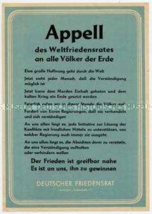 Aufruf des Weltfriedensrates an alle Völker der Erde zum Kampf für den Frieden