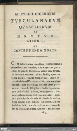 Tusculanarum Quaestionum Ad Brutum Liber I. De Contemnenda Morte
