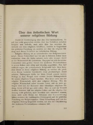 Über den ästhetischen Wert unserer religiösen Bindung