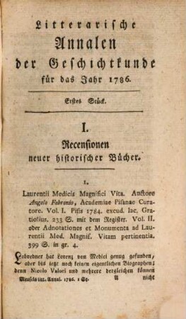Litterarische Annalen der Geschichtkunde in und außer Teutschland : für das Jahr .... 1. 1786
